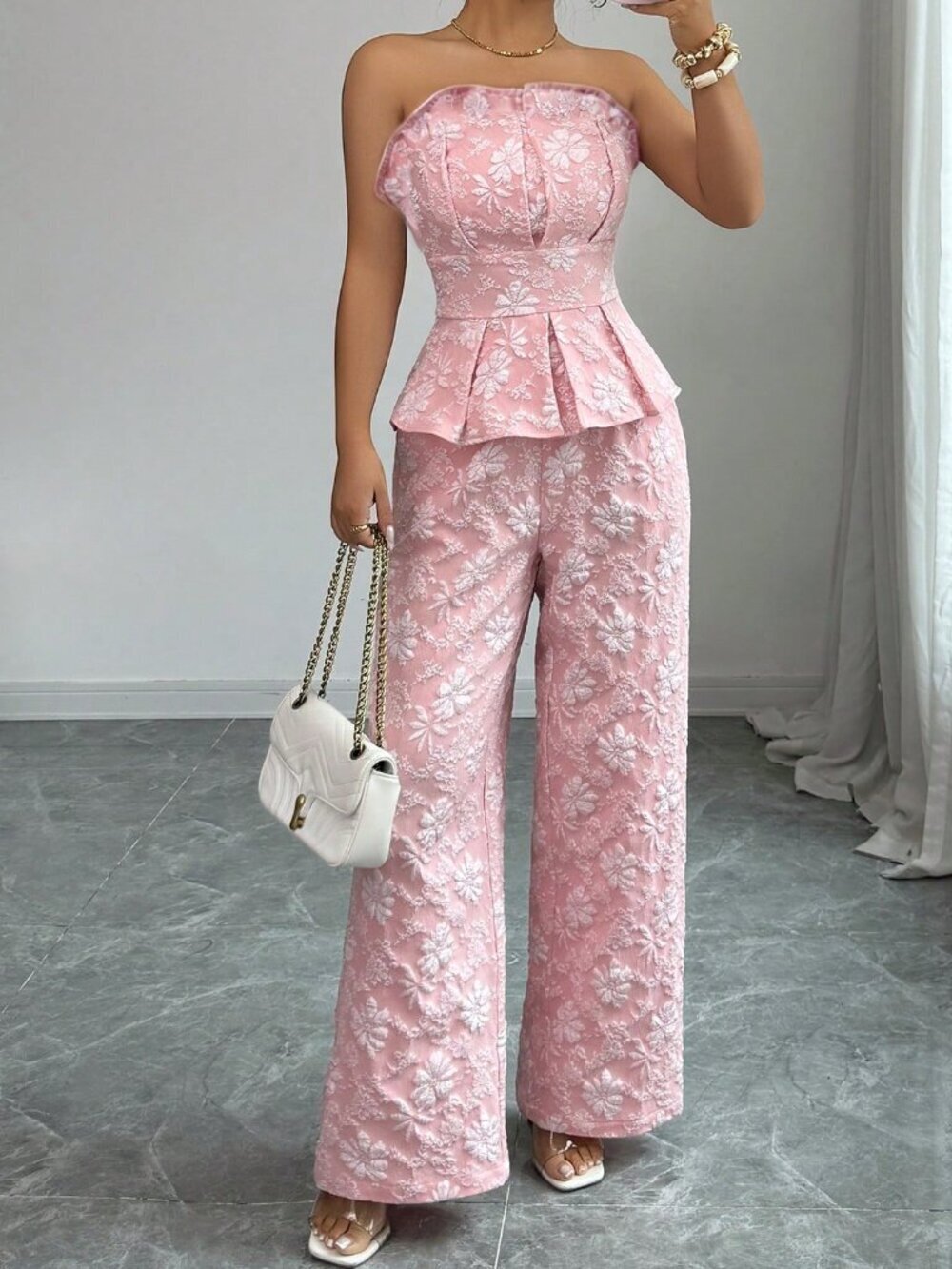 Pink Elegant Women's Floral Jacquard Camisole Top And Wide Leg Pants Set